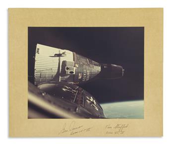 (ASTRONAUTS--APOLLO X--GEMINI.) Two color Photographs Signed, each by two or three astronauts: John Young * Gene Cernan * Tom Stafford.